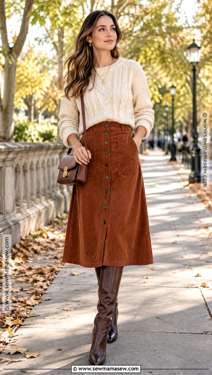 Cable Knit Sweater With Corduroy Skirt Outfit - 30 fall clothes