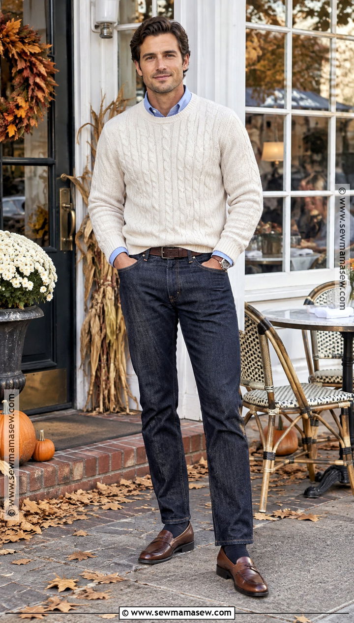 Cable Knit Sweater With Dark Jeans And Loafers - 20 Mens Casual Fall Outfits
