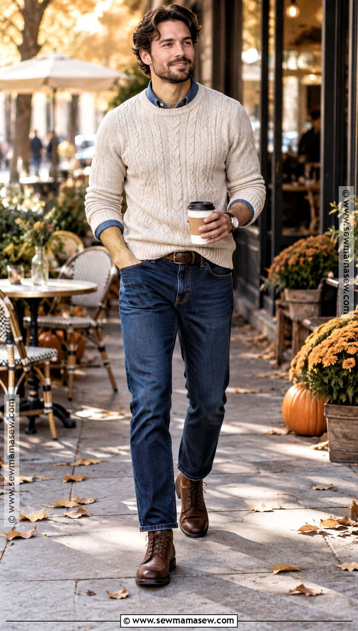 Cable Knit Sweater With Denim Shirt and Jeans - 20 Men Autumn Outfit Casual Ideas