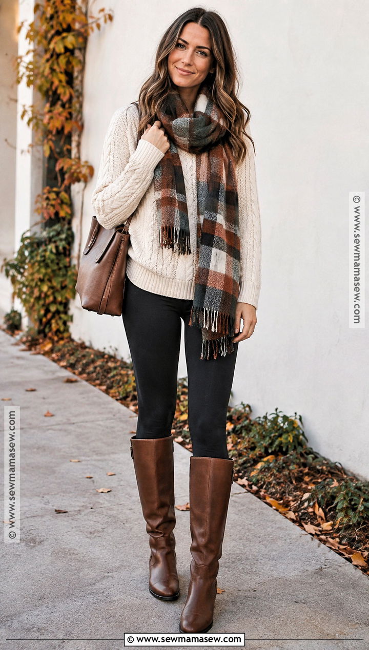 Cable Knit Sweater With Leggings And Tall Boots - 15 comfy fall outfits lazy days leggings