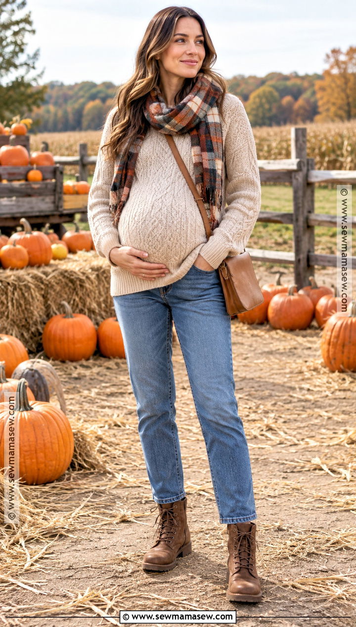 Cable Knit Sweater With Maternity Jeans And Boots - 20 Pumpkin Patch Outfit Pregnant Ideas
