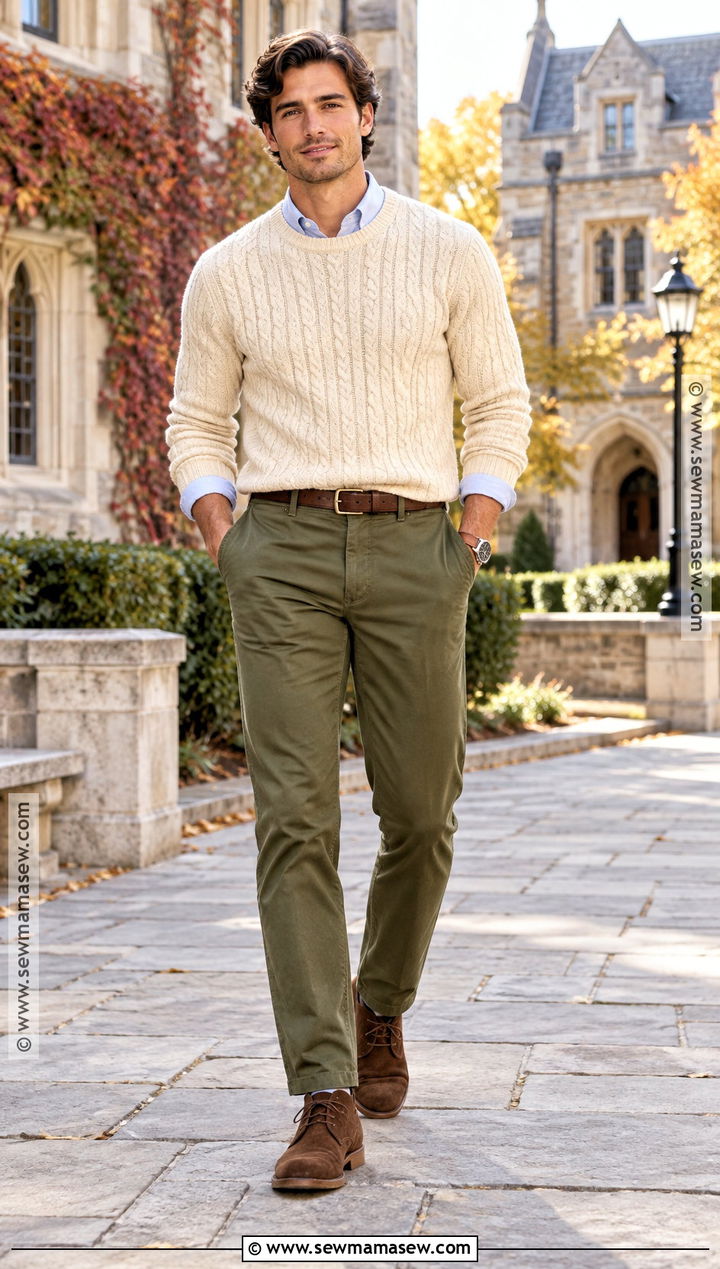 Cable Knit Sweater With Oxford Shirt And Khaki Trousers - 20 mens outfits autumn