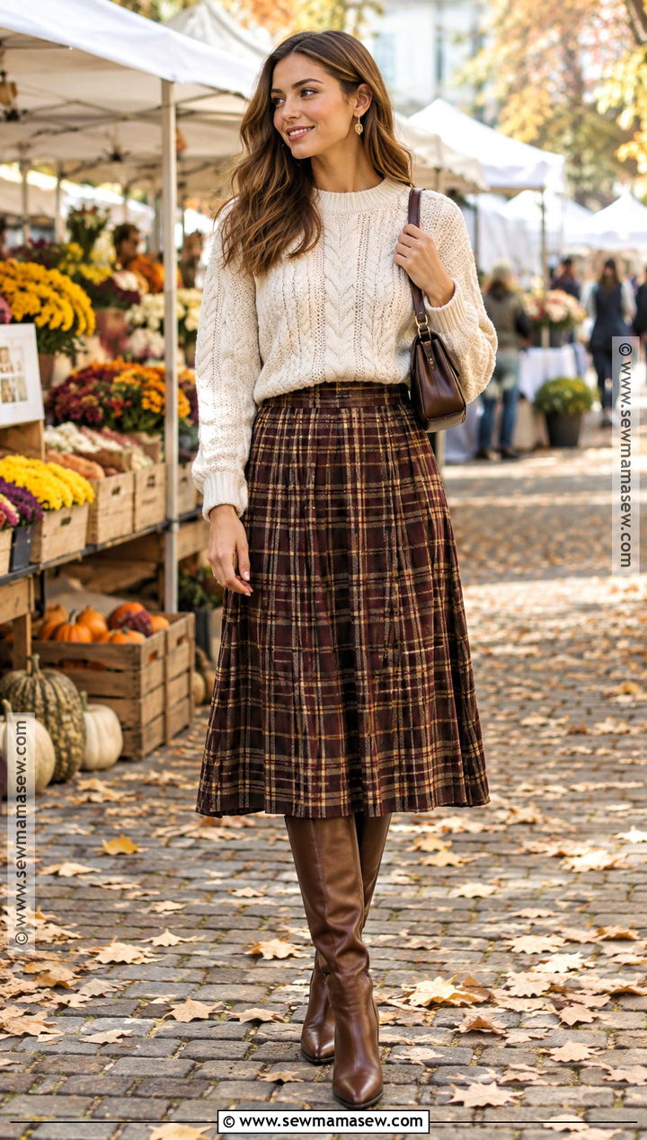 Cable Knit Sweater With Plaid Midi Skirt - 25 fall sweaters aesthetic