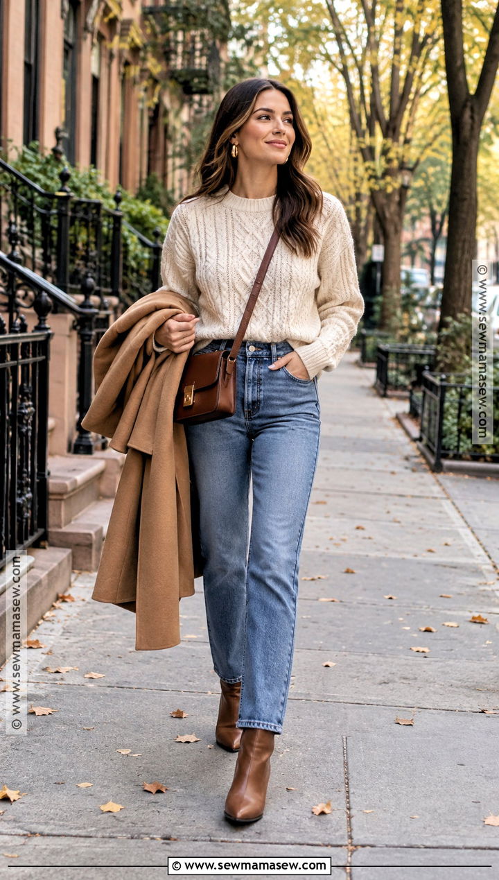 Cable Knit Sweater With Straight Leg Jeans - 15 knitwear for fall season ideas