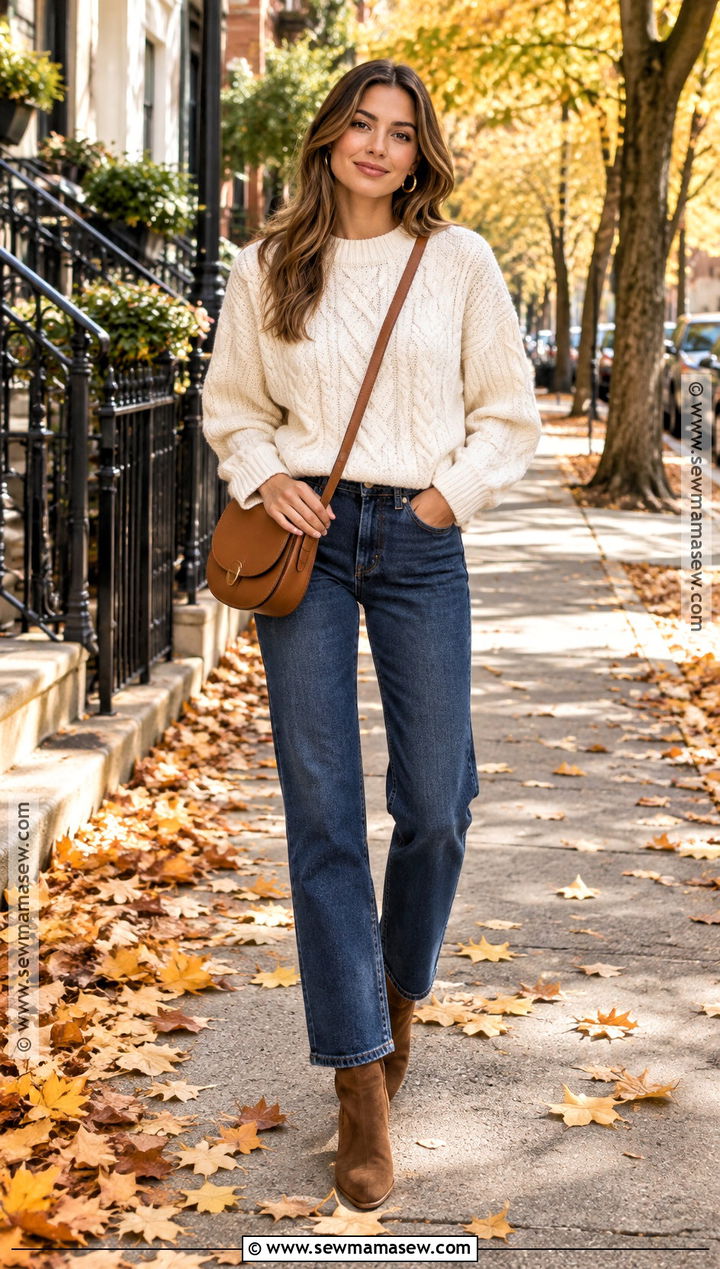 Cable Knit Sweater With Straight Leg Jeans - 25 Autumn Sweater Ideas