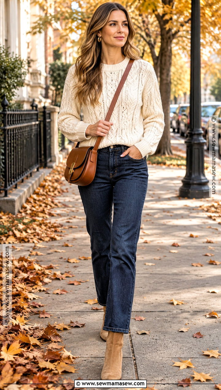 Cable Knit Sweater With Straight Leg Jeans And Ankle Boots - 15 Autumn Themed Knitwear Ideas
