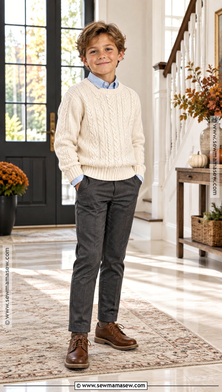 Cable Knit Sweater With Trousers And Lace Up Shoes - 25 Boy Fall Outfits