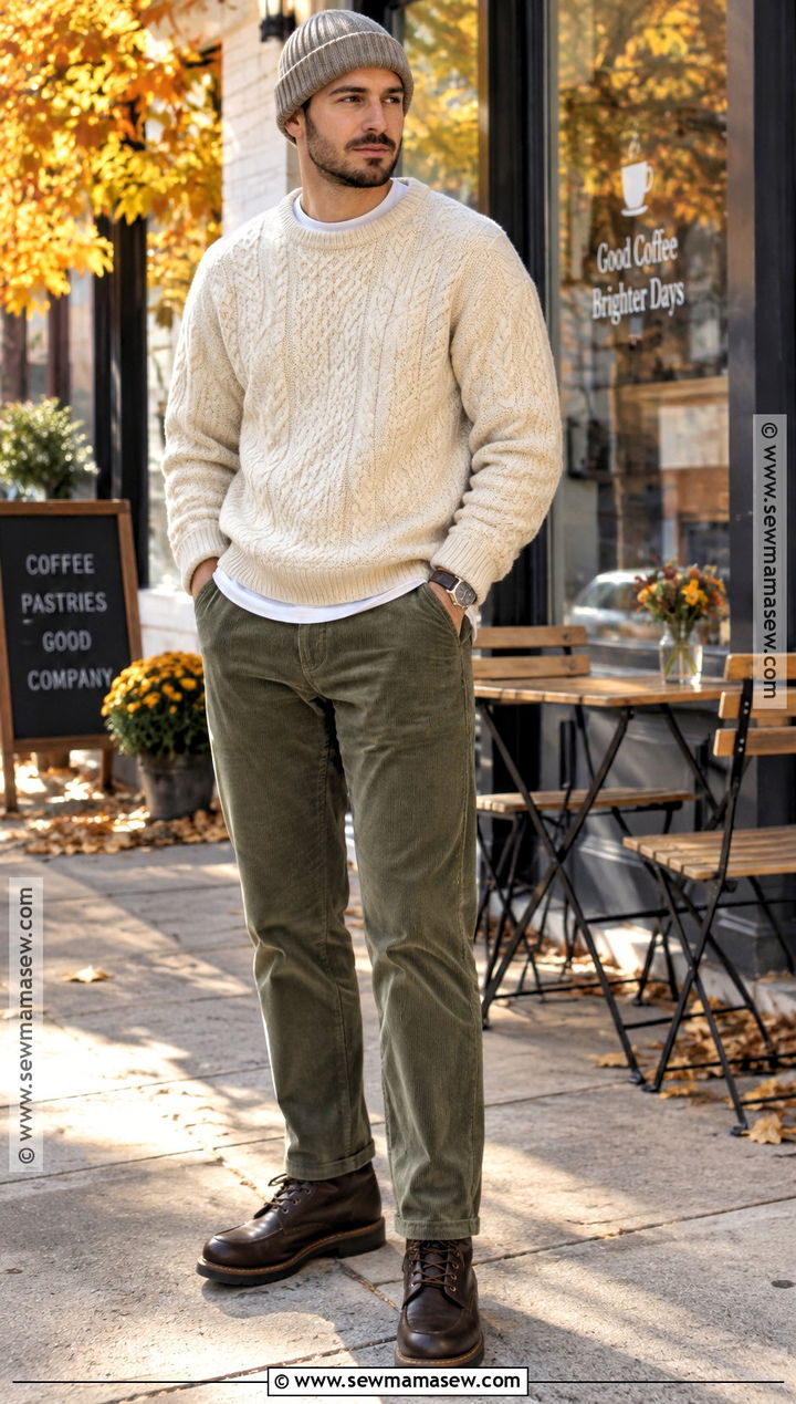 Cable Knit Sweater and Corduroy Pants Fall Outfit - 20 Fall Outfits for Guys