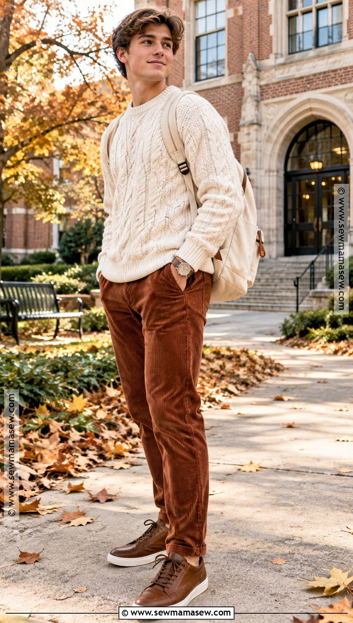 Cable Knit Sweater and Corduroy Pants Fall School Outfit - 25 outfit ideas autumn school