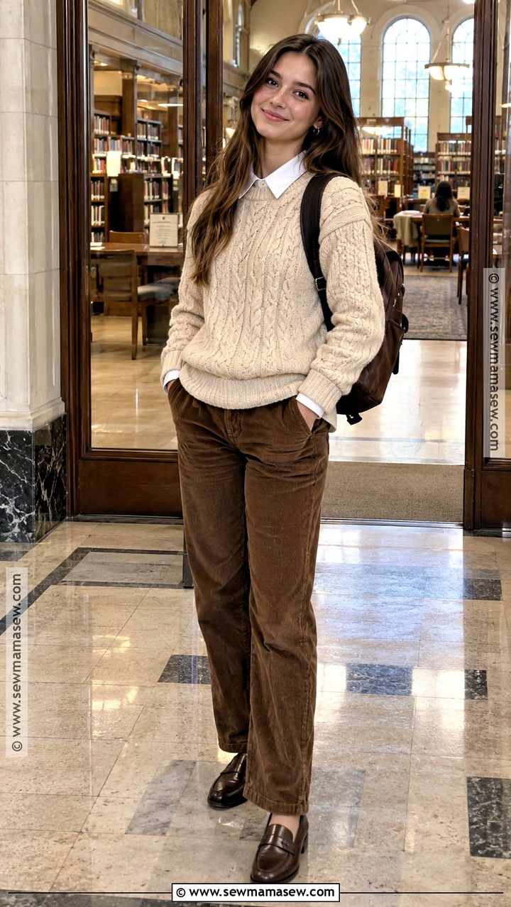Cable Knit Sweater and Corduroy Pants Outfit - 20 back to school outfits classy
