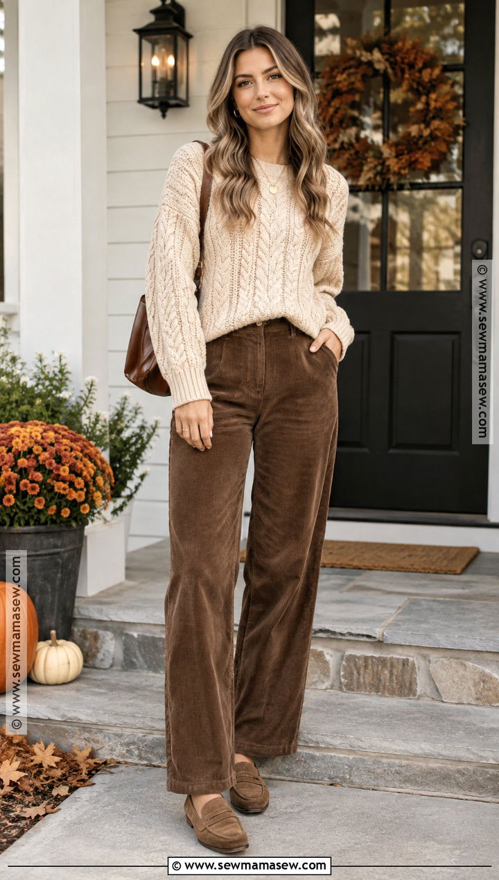 Cable Knit Sweater and Corduroy Pants Thanksgiving Outfit - 20 Comfy Thanksgiving Day Outfits