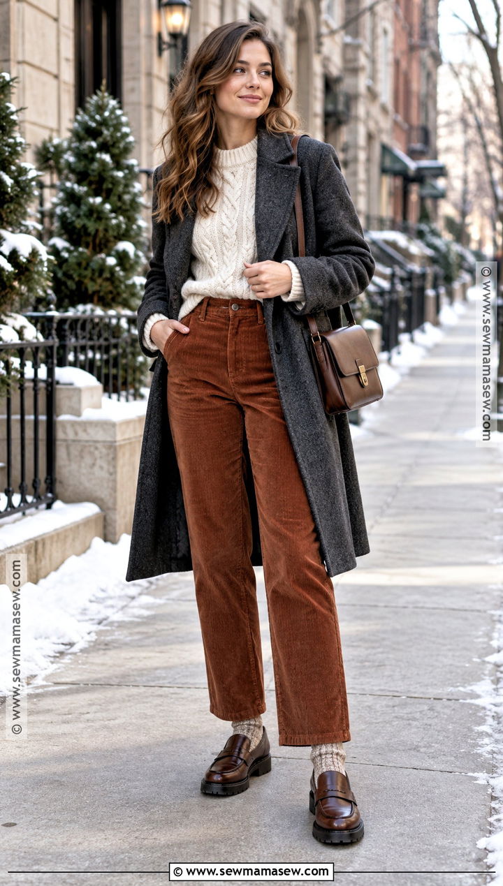 Cable Knit Sweater and Corduroy Pants Winter Outfit - 15 fall and winter clothes for women