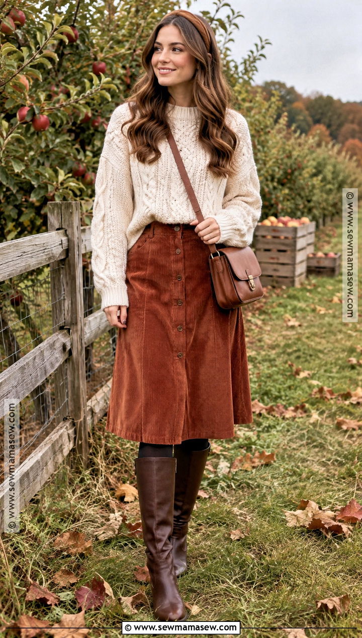 Cable Knit Sweater and Corduroy Skirt Harvest Outfit - 20 Harvest Outfits