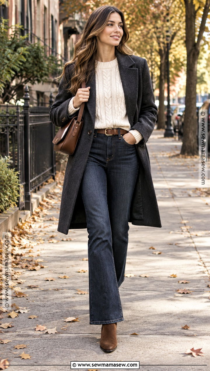 Cable Knit Sweater and Dark Jeans Outfit - 20 winter fall outfits for women