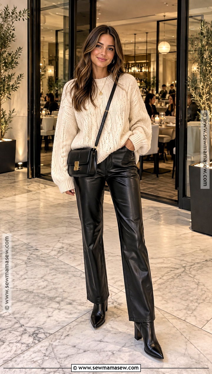 Cable Knit Sweater and Leather Pants Outfit - 30 fall winter outfits