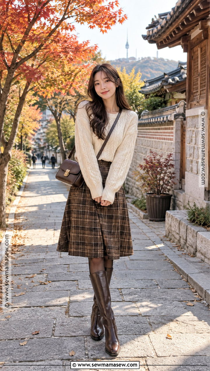 Cable Knit Sweater and Plaid Skirt Autumn Outfit - 20 autumn in korea outfit ideas