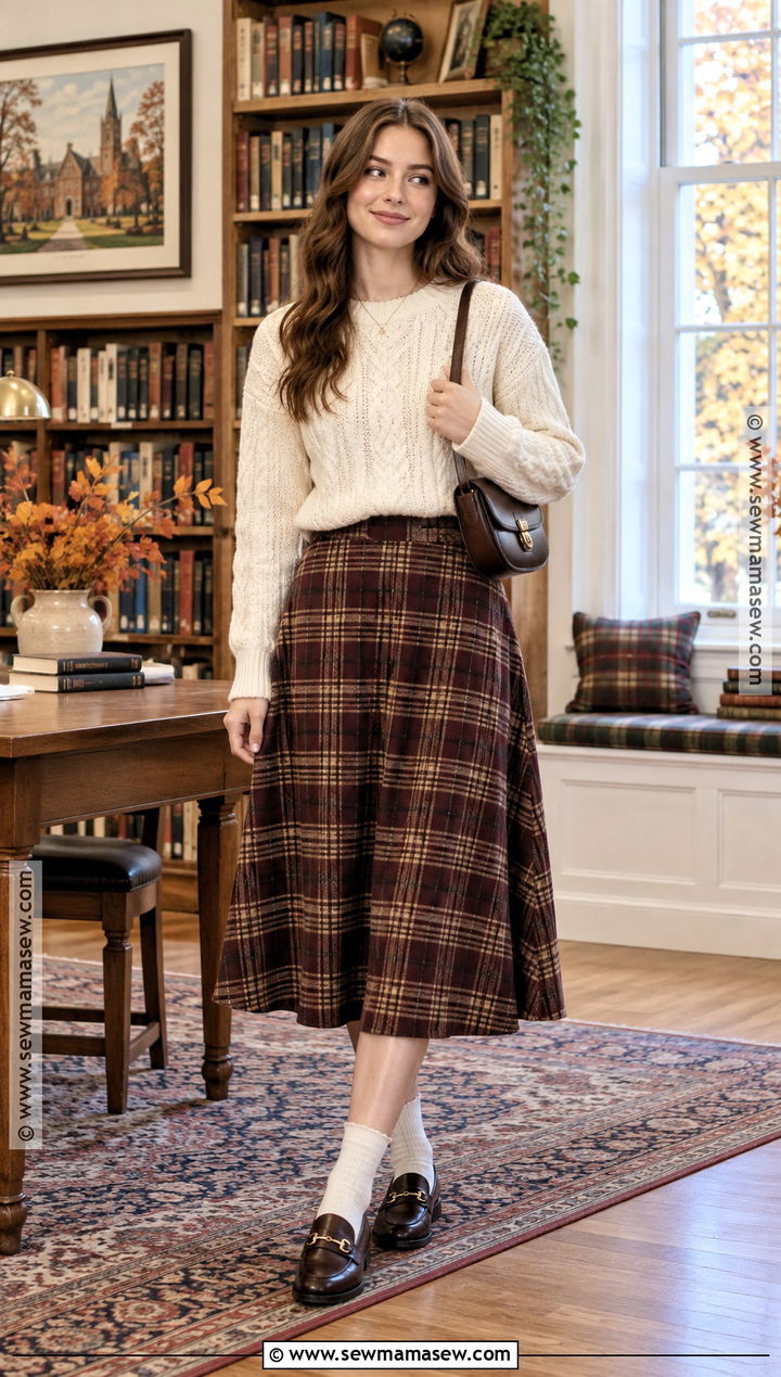 Cable Knit Sweater and Plaid Skirt Fall Outfit - 25 cute fall clothes