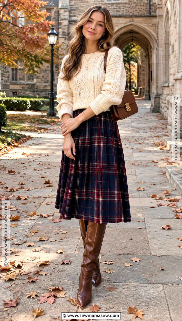 Cable Knit Sweater and Plaid Skirt Preppy Fall Outfit - 20 Preppy Fall Outfits for Women