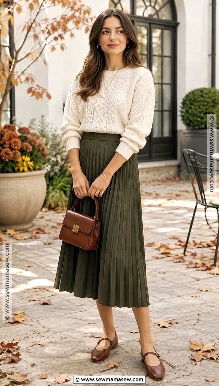Cable Knit Sweater and Pleated Skirt Fall Outfit - 15 fall outfit ideas for women 2026