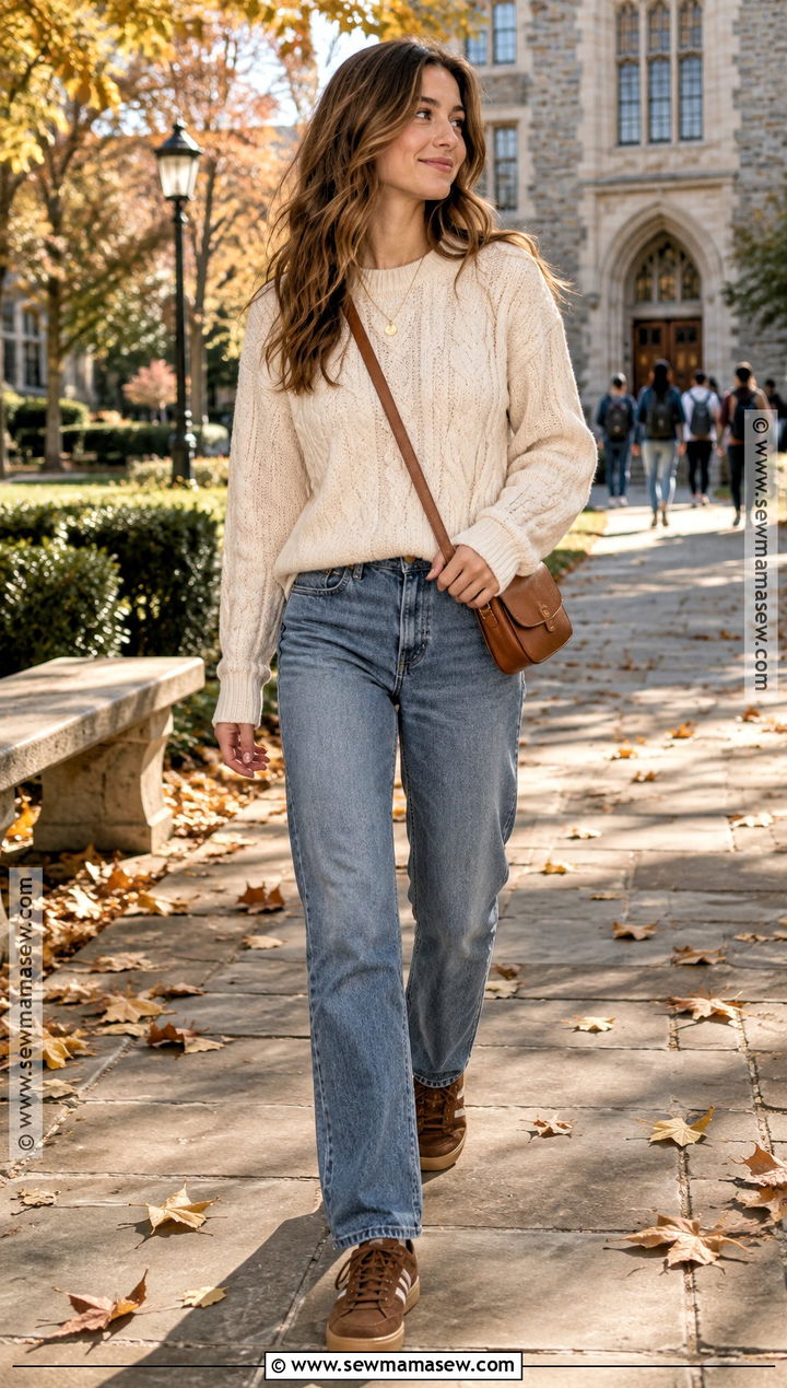Cable Knit Sweater and Relaxed Jeans University Outfit - 20 university outfit autumn ideas