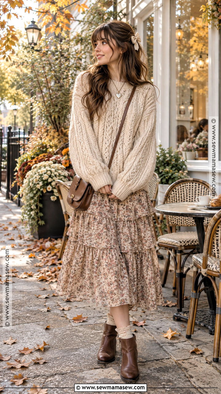 Cable Knit Sweater and Tiered Skirt Shoujo Outfit - 20 Fall Shoujo Outfits