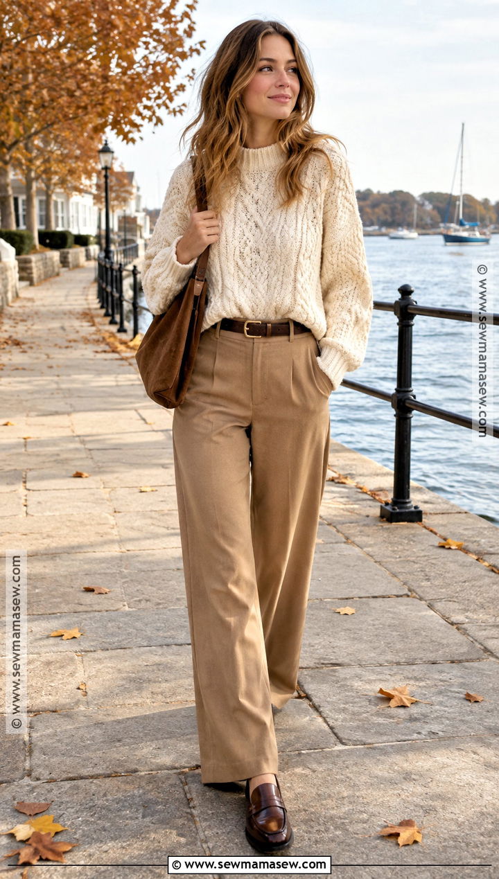 Cable Knit Sweater and Wide Leg Trousers Coastal Fall Outfit - 25 Coastal Fall Outfits