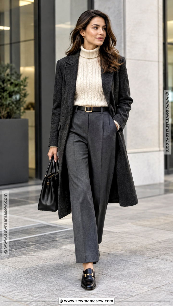 Cable Knit Turtleneck With Tailored Pants - 15 autumn cable knit style ideas