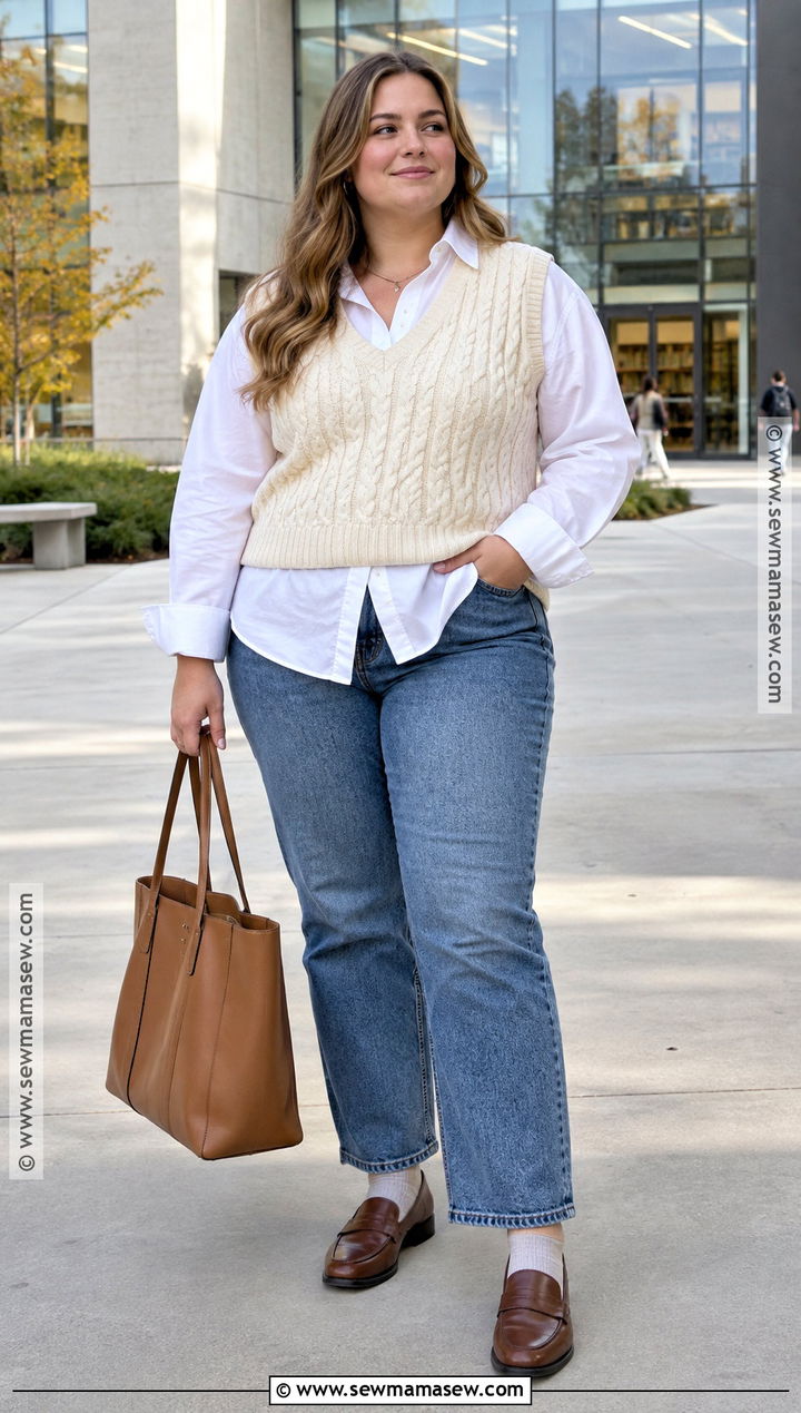 Cable Knit Vest And Button Down Fall Semester Outfit - 20 fall semester outfits