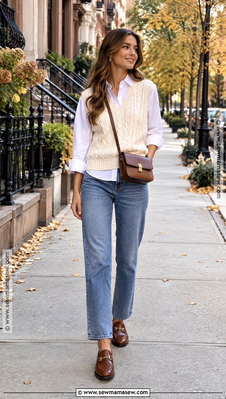 Cable Knit Vest With White Shirt And Jeans - 20 autumn vest outfit ideas