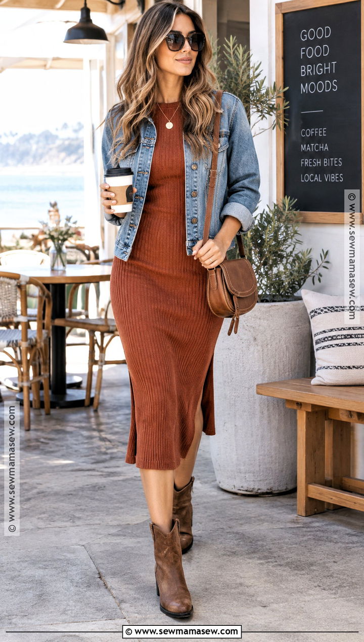 California Fall Knit Dress And Denim Jacket Outfit - 15 California Fall Outfits 2026
