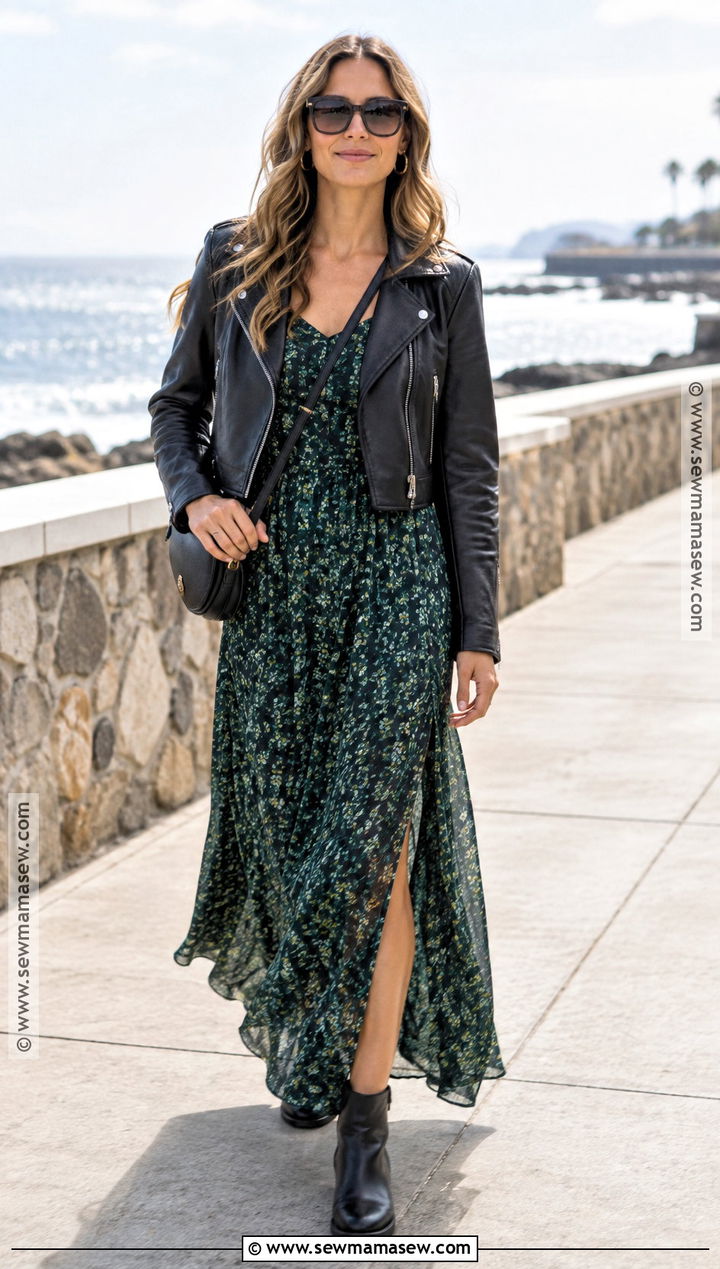 California Fall Leather Jacket And Maxi Dress Outfit - 15 California Fall Fashion Ideas
