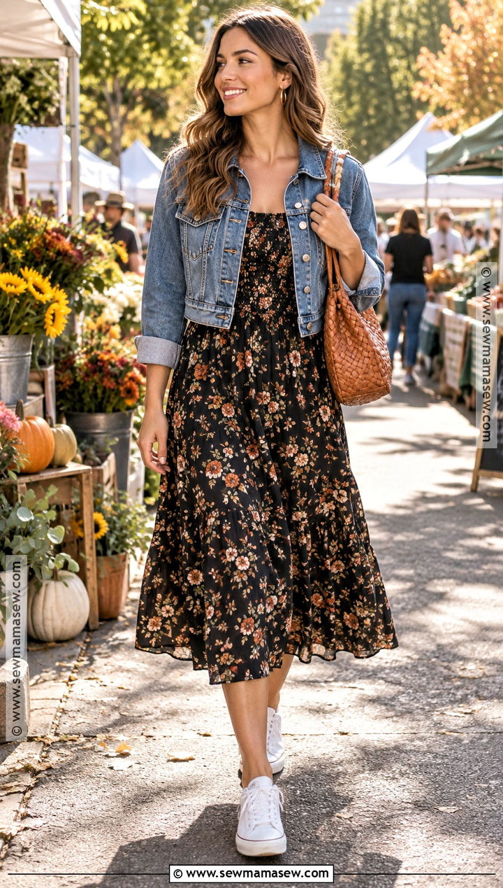 California Fall Outfit With A Denim Jacket And Midi Dress - 15 Fall Outfits In California