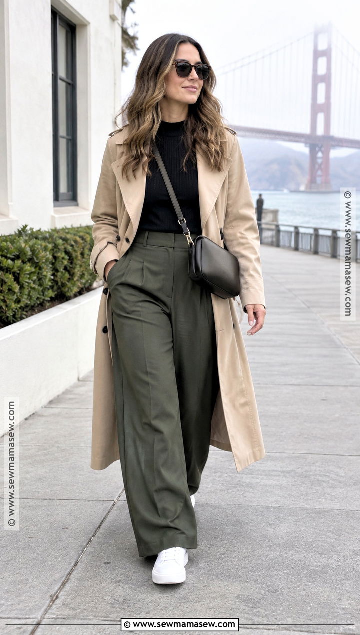 California Fall Outfit With A Trench Coat And Wide Leg Pants - 15 Fall Outfits In California
