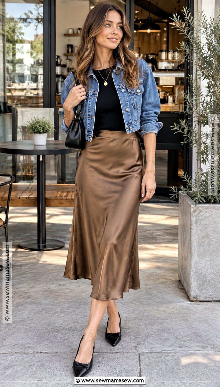 California Fall Satin Skirt And Fitted Top Outfit - 15 California Fall Fashion Ideas