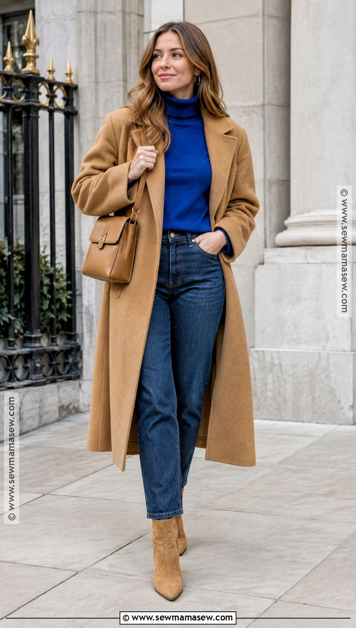 Camel And Cobalt Blue Outfit - 15 Autumn Fashion Color Scheme Ideas