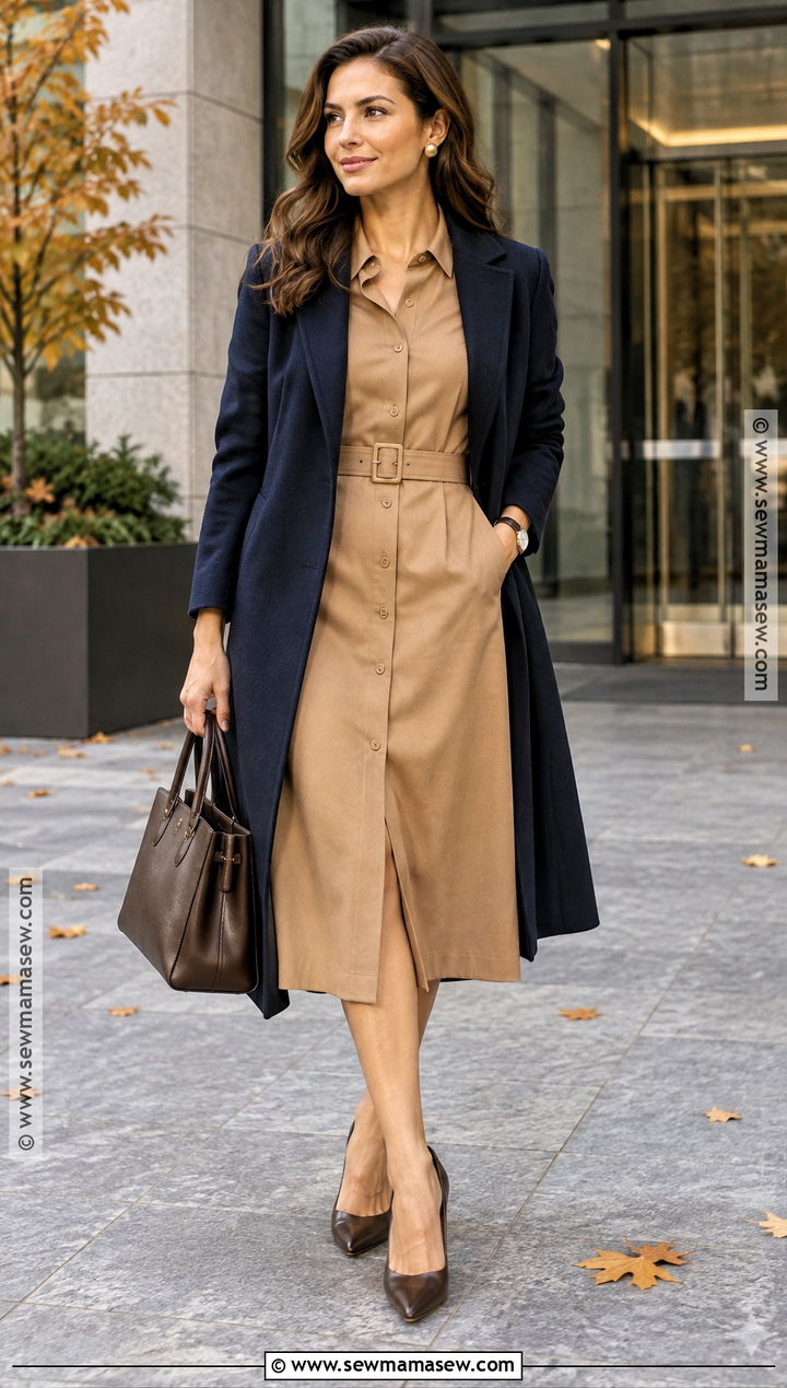 Camel Belted Shirt Dress With Pumps - 25 autumn dresses