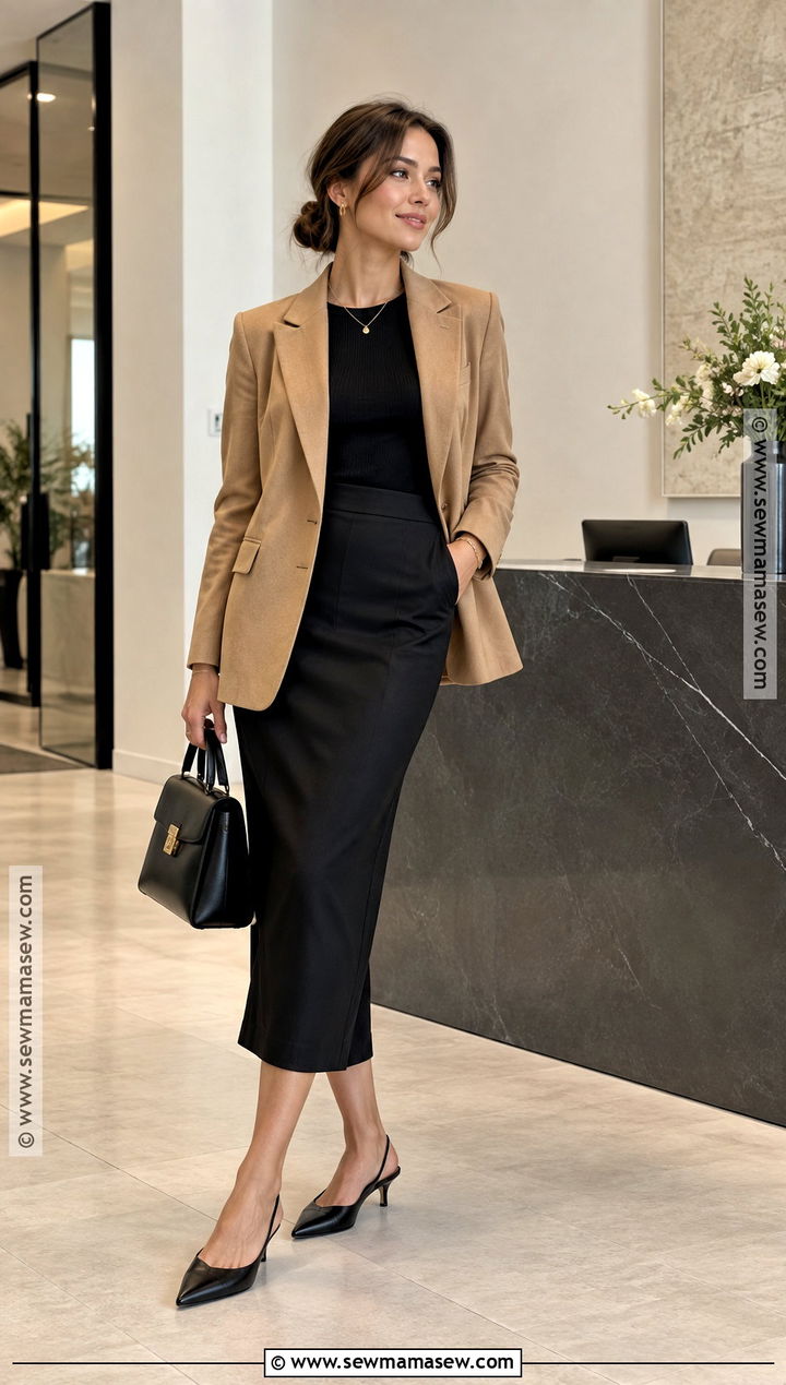 Camel Blazer And Black Column Skirt Office Outfit - 15 fall 2026 office outfits