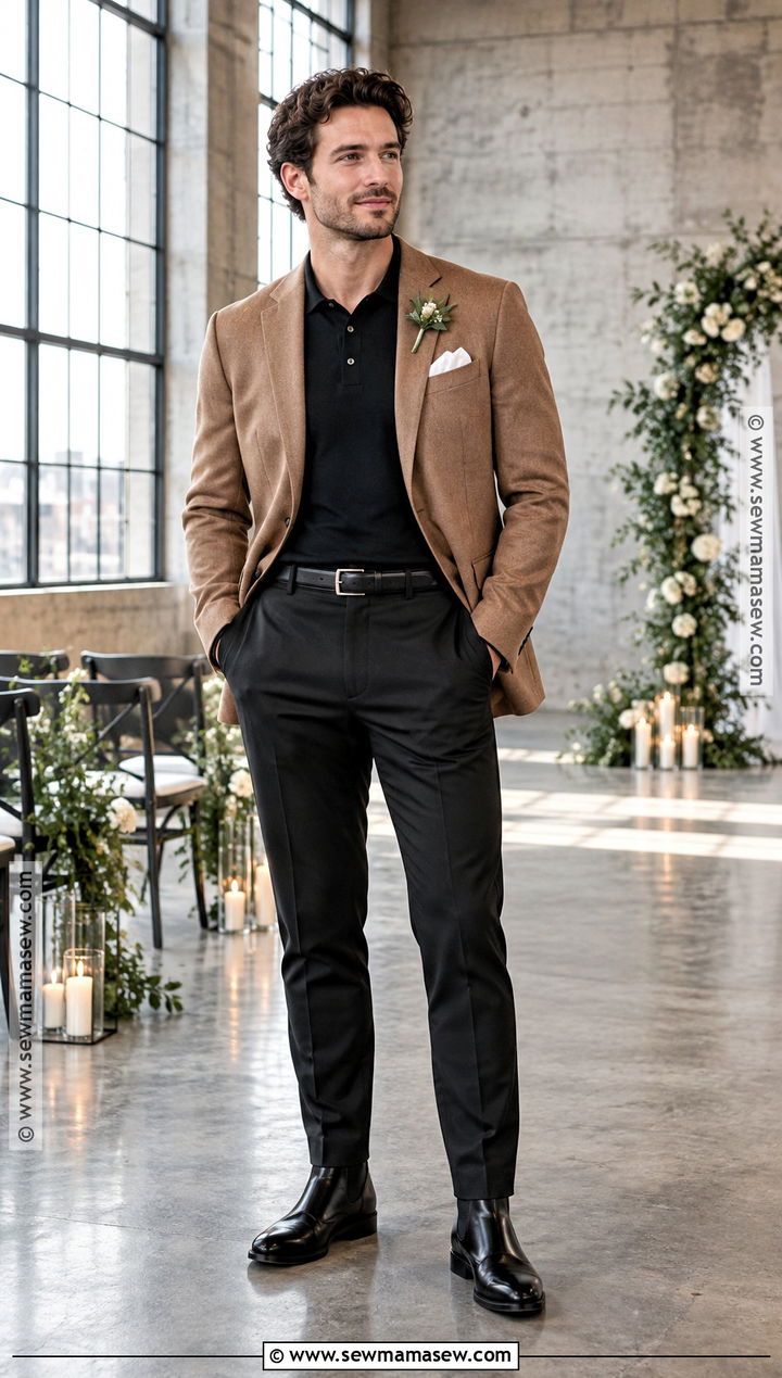 Camel Blazer And Black Pants Groom Outfit - 15 casual groom attire fall ideas