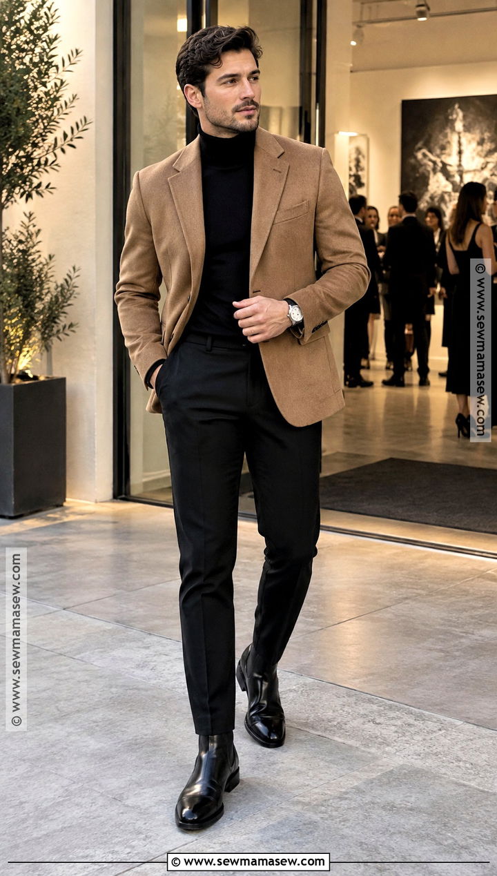 Camel Blazer And Black Trousers Fall Cocktail Attire - 15 mens fall cocktail attire ideas