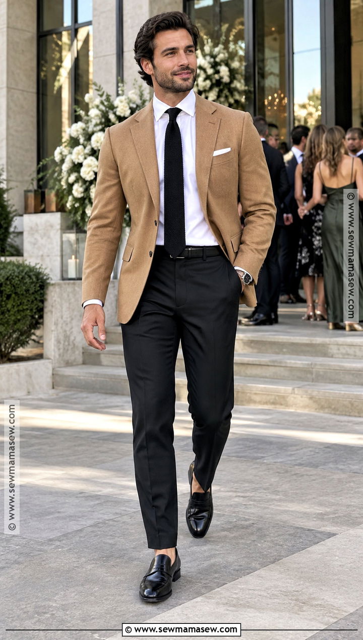 Camel Blazer And Black Trousers Fall Wedding Outfit - 15 fall wedding outfit men guest ideas