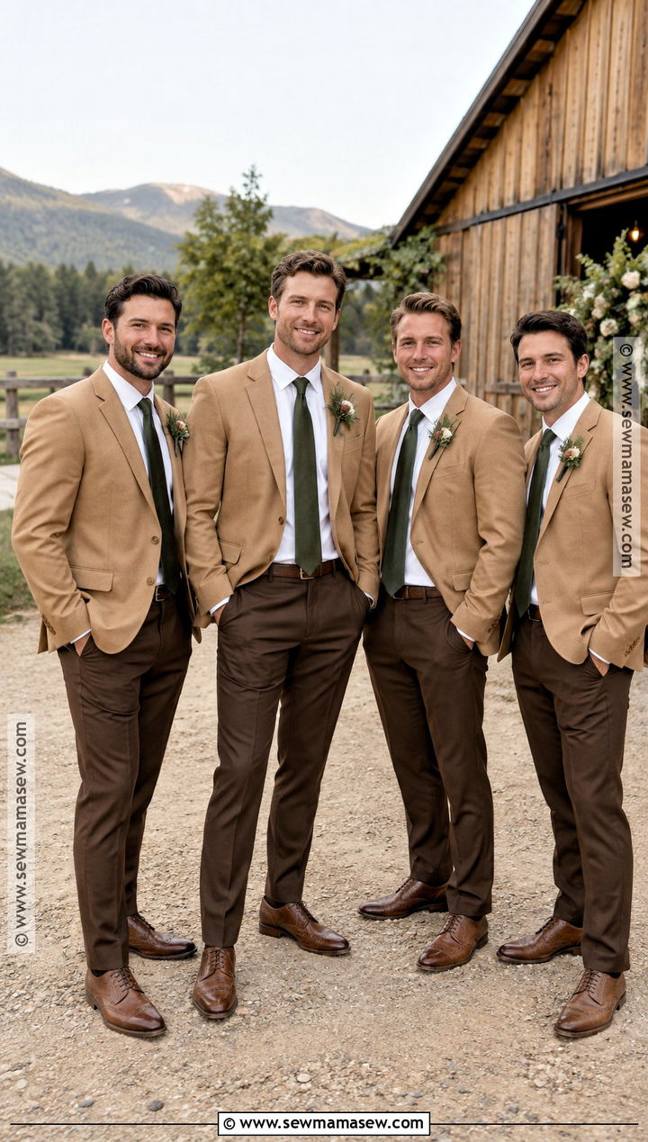 Camel Blazer And Brown Trousers Groomsmen Attire - 25 fall wedding groomsmen attire ideas