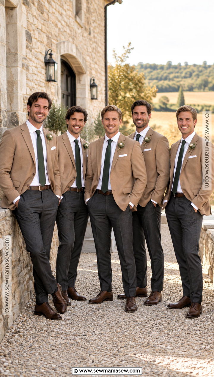 Camel Blazer And Charcoal Trousers Groomsmen Attire - 15 fall wedding groomsmen attire rustic ideas