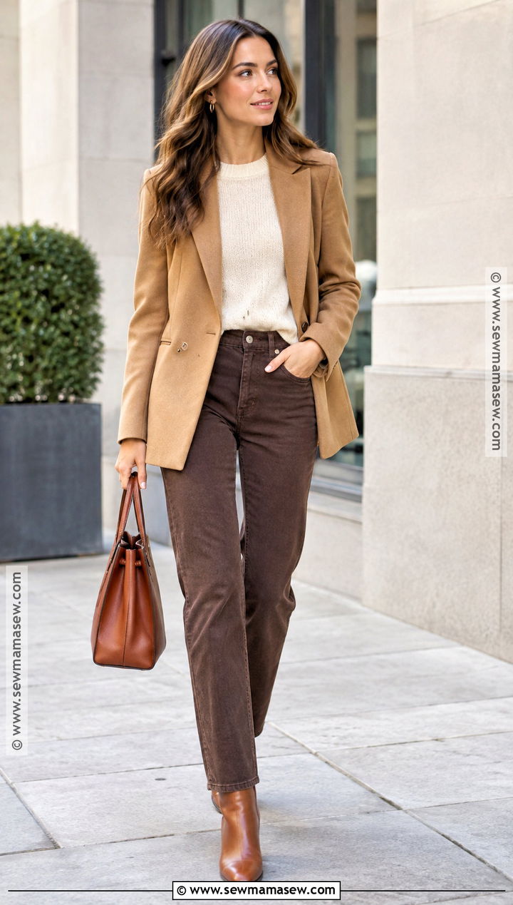 Camel Blazer And Chocolate Jeans Outfit - 25 warm autumn color palette outfit ideas