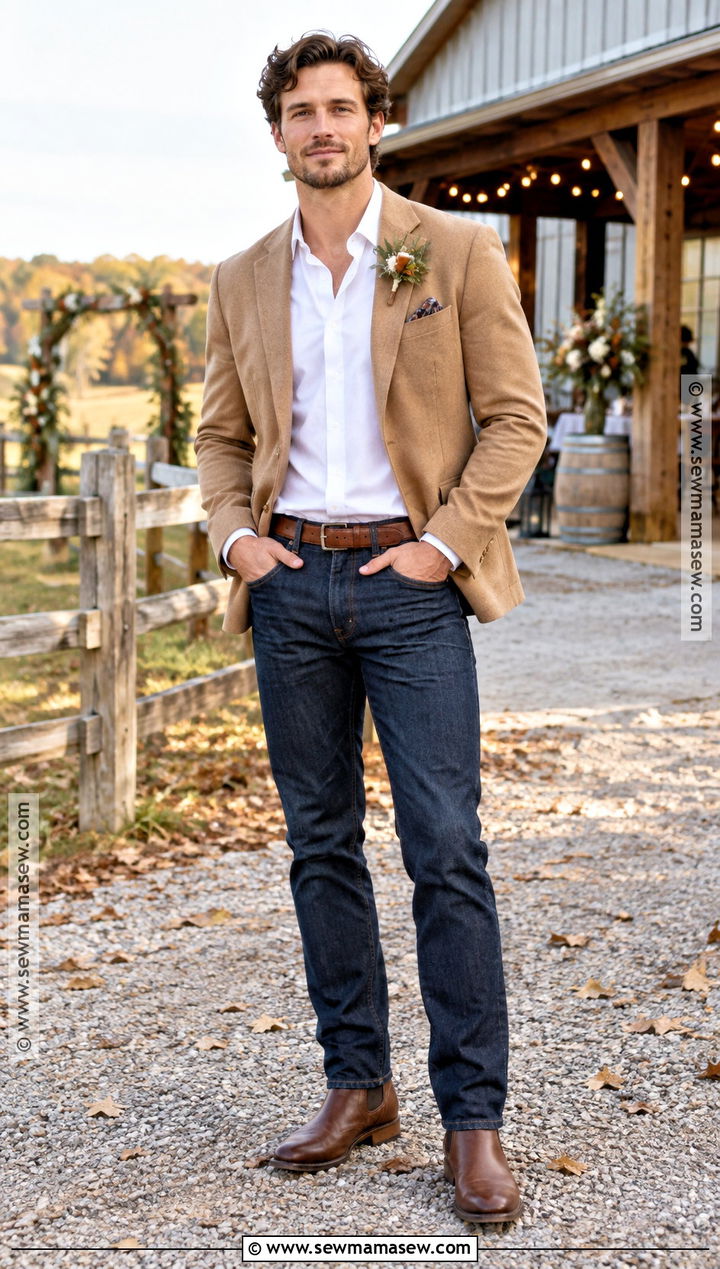 Camel Blazer And Dark Jeans Fall Groom Outfit - 15 casual fall groom attire ideas