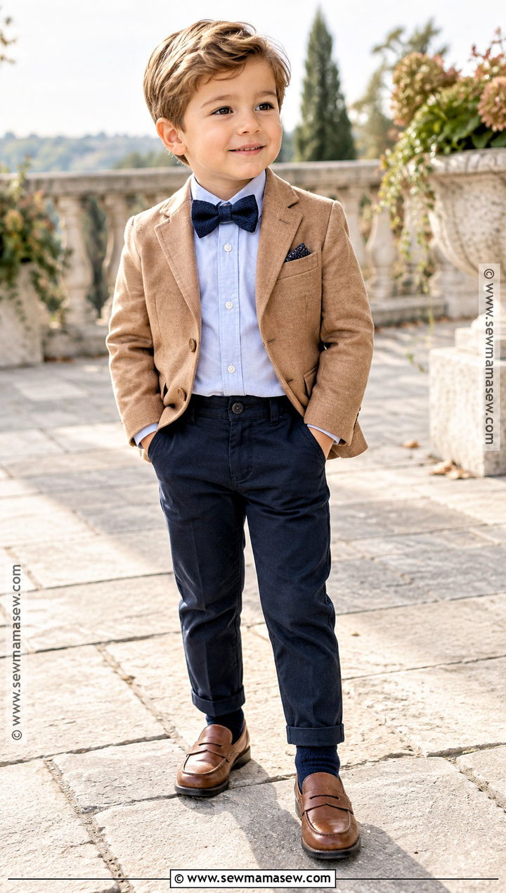 Camel Blazer And Navy Pants Wedding Outfit - 15 toddler boy wedding outfit fall ideas