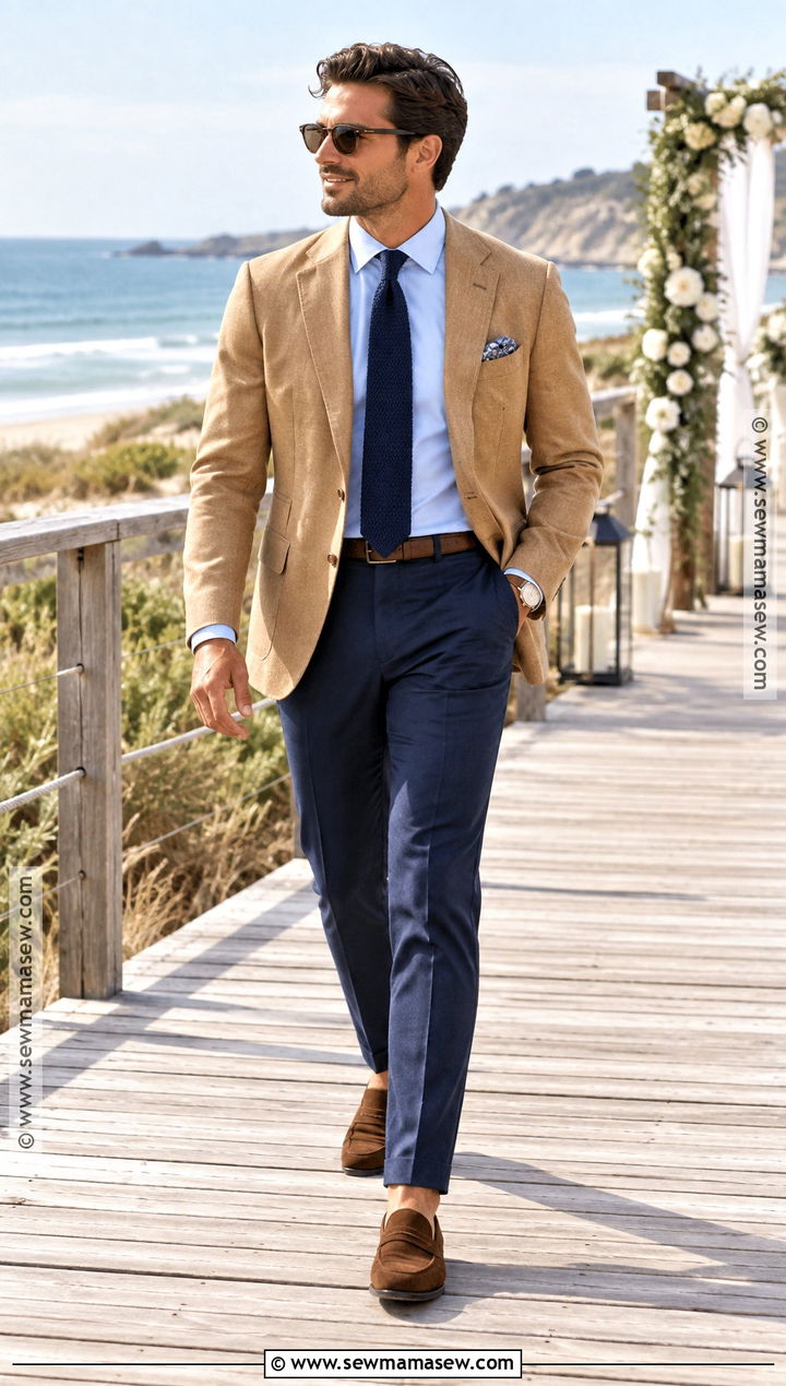 Camel Blazer And Navy Trousers For A Fall Beach Wedding - 15 Fall Beach Wedding Mens Attire Ideas