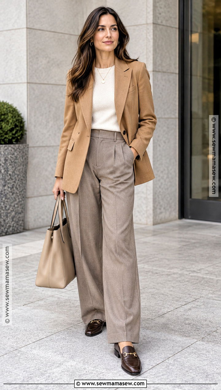 Camel Blazer And Wide Leg Trousers Soft Fall Outfit - 15 soft fall aesthetic outfits
