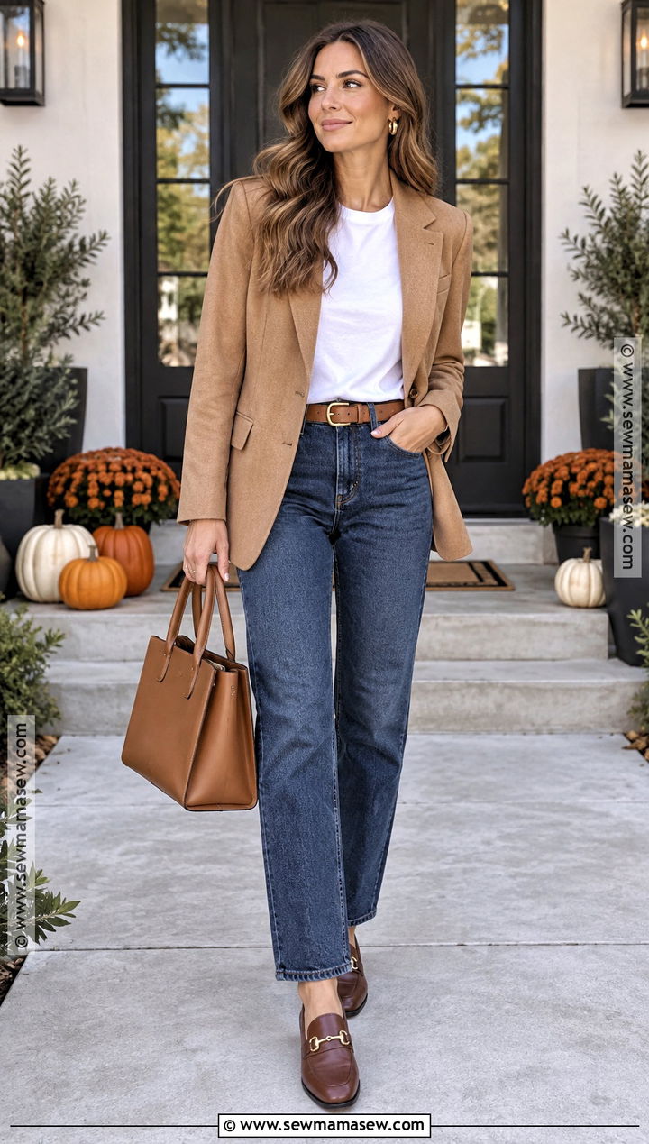 Camel Blazer Thanksgiving Outfit With Jeans And Loafers - 25 Thanksgiving Dinner Outfit Women Casual Ideas
