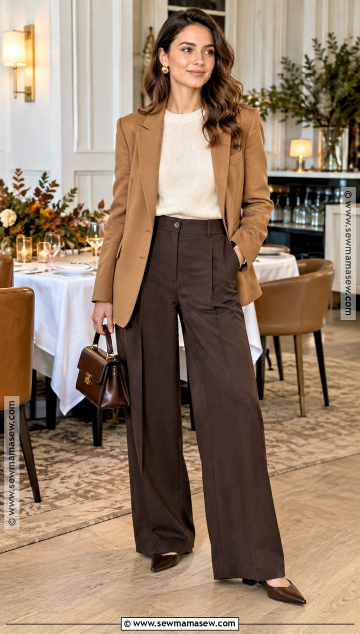 Camel Blazer Thanksgiving Outfit With Wide Leg Pants - 25 Thanksgiving Fits