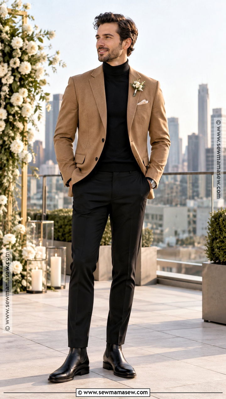 Camel Blazer With Black Trousers - 15 casual fall wedding groom attire ideas